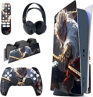 PlayVital Calcoman&iacute;a Vinilo para ps5 Edici&oacute;n Disc - Pegatina Completa para Consola, Control, Estaci&oacute;n de Recarga, Control Remoto y Aud&iacute;fonos, Skins Cubierta Protectora Adhesiva(Santo Wukong)