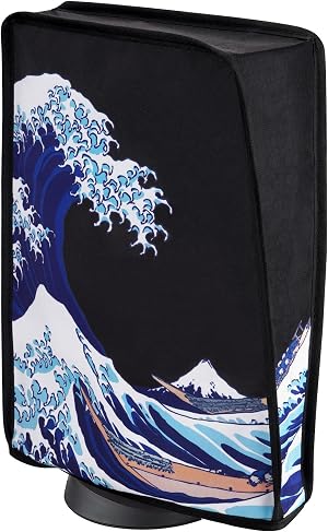 PlayVital Funda Antipolvo Vertical para ps5 - Cubierta Protectora Antirrayas, Doble Capa con Forro Suave, Compatible con ps5 Digital & Est&aacute;ndar, Accesorio para Consola (La Gran Ola & Negro)