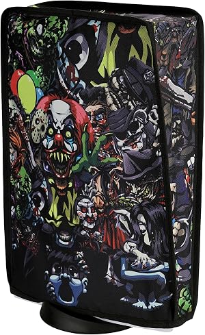 PlayVital Funda Antipolvo Vertical para ps5 - Cubierta Protectora Antirrayas y Anti-agua, Doble Capa con Forro Suave, Compatible con ps5 Digital & Est&aacute;ndar, Accesorio para Consola (Fiesta de Miedo)