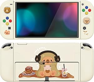 PlayVital Funda Suave para Nintendo Switch OLED - Carcasa Protectora Ergon&oacute;mica para Joy-con, Grip Antideslizante con Tapas de Joysticks y Botones ABXY & Direcci&oacute;n (Acogedor Oso)