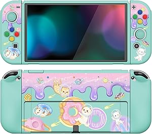 PlayVital Funda Suave para Nintendo Switch OLED - Carcasa Protectora Ergon&oacute;mica para Joy-con, Grip Antideslizante con Tapas de Joysticks y Botones ABXY & Direcci&oacute;n (Donut Odyssey)