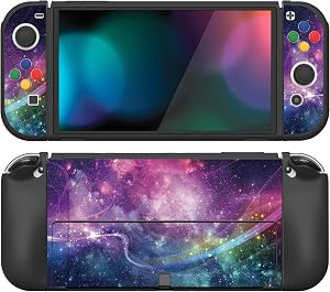 PlayVital Funda Suave para Nintendo Switch OLED - Carcasa Protectora Ergon&oacute;mica para Joy-con, Grip Antideslizante con Tapas de Joysticks y Botones ABXY & Direcci&oacute;n (Galaxia P&uacute;rpura)