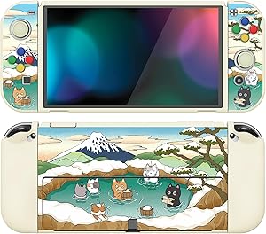 PlayVital Funda Suave para Nintendo Switch OLED - Carcasa Protectora Ergonómica para Joy-con, Grip Antideslizante con Tapas de Joysticks y Botones ABXY & Dirección (Gatitos de Aguas Termales)