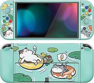 PlayVital Funda Suave para Nintendo Switch OLED - Carcasa Protectora Ergonómica para Joy-con, Grip Antideslizante con Tapas de Joysticks y Botones ABXY & Dirección (Gatos en Piscina)