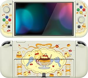 PlayVital Funda Suave para Nintendo Switch OLED - Carcasa Protectora Ergon&oacute;mica para Joy-con, Grip Antideslizante con Tapas de Joysticks y Botones ABXY & Direcci&oacute;n (Pudding Conejo)