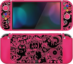 PlayVital Funda Suave para Nintendo Switch OLED - Carcasa Protectora Ergon&oacute;mica para Joy-con, Grip Antideslizante con Tapas de Joysticks y Botones ABXY & Direcci&oacute;n (VV & Rosa Brillante)