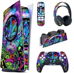PlayVital Pegatina Completa para ps5 Edici&oacute;n Digital - Calcoman&iacute;a Vinilo para Consola, Control, Estaci&oacute;n de Recarga, Control Remoto y Aud&iacute;fonos, Adhesivo Piel (Colores Hojas)