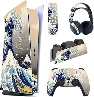 PlayVital Pegatina Completa para ps5 Edici&oacute;n Digital - Calcoman&iacute;a Vinilo para Consola, Control, Estaci&oacute;n de Recarga, Control Remoto y Aud&iacute;fonos, Adhesivo Piel (Gran Ola de Doble Lado)