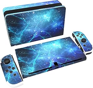 PlayVital Pegatina Protectora Completa para Nintendo Switch OLED - Calcoman&iacute;as Decorativas para Joy-con y Consola, Skin Stickers Adhesivos (Azul Nebula)