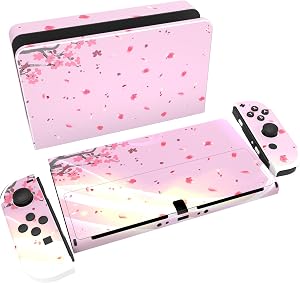 PlayVital Pegatina Protectora Completa para Nintendo Switch OLED - Calcoman&iacute;as Decorativas para Joy-con y Consola, Skin Stickers Adhesivos (Cerezo Flores)