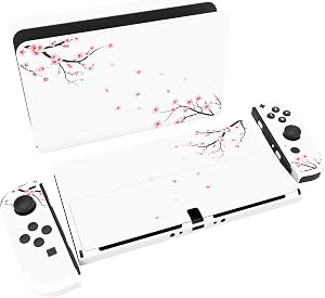 PlayVital Pegatina Protectora Completa para Nintendo Switch OLED - Calcoman&iacute;as Decorativas para Joy-con y Consola, Skin Stickers Adhesivos (Flor de Cerezo Cayendo)