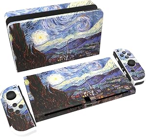PlayVital Pegatina Protectora Completa para Nintendo Switch OLED - Calcoman&iacute;as Decorativas para Joy-con y Consola, Skin Stickers Adhesivos (La Noche Estrellada)