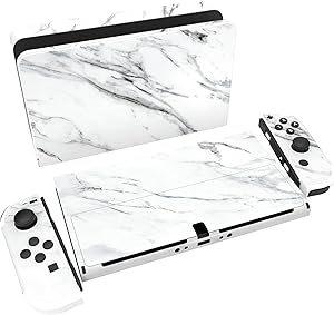 PlayVital Pegatina Protectora Completa para Nintendo Switch OLED - Calcoman&iacute;as Decorativas para Joy-con y Consola, Skin Stickers Adhesivos (M&aacute;rmol Blanco Moderno)