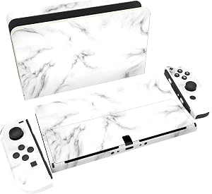 PlayVital Pegatina Protectora Completa para Nintendo Switch OLED - Calcoman&iacute;as Decorativas para Joy-con y Consola, Skin Stickers Adhesivos (M&aacute;rmol Blanco Transparente)
