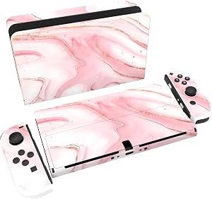 PlayVital Pegatina Protectora Completa para Nintendo Switch OLED - Calcoman&iacute;as Decorativas para Joy-con y Consola, Skin Stickers Adhesivos (M&aacute;rmol Dorado Rosa)