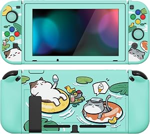 PlayVital ZealProtect Funda Protectora Suave para Nintendo Switch Accesorios Carcasa con Protector de Pantalla & Tapas de Agarre para el Pulgar & Pegatinas de ABXY Direcci&oacute;n Bot&oacute;n(Gatos en Piscina)