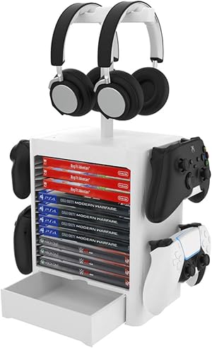 RIXOW Soporte Multifuncional de Almacenamiento de Juegos, Rack de Almacenamiento en Disco de 10 Juegos con Caj&oacute;n, Soporte para Controlador Auricular Compatible con PS5 PS4 Xbox Series, Gris Claro