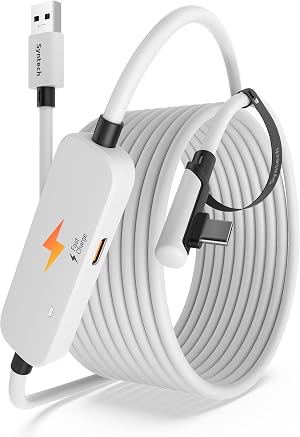 Syntech Cable Link 5 Metros con Carga, Compatible con Meta Quest 3/Oculus Quest 2 Accesorios, VR Cable Link con Puerto de Carga Separado, USB 3.0 a Tipo C Cord&oacute;n Luminoso para PC/SteamVR