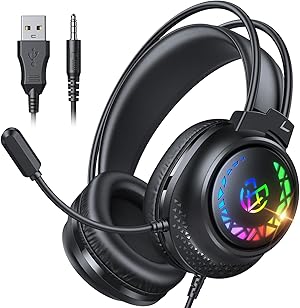 Tatybo Cascos Gaming para Ps4/Ps5/PC/XboxOne/Switch, Auriculares Gaming con Doble Diadema Adaptable, 3D Estéreo Sonido, Cascos con Cable Ligero con Luz RGB