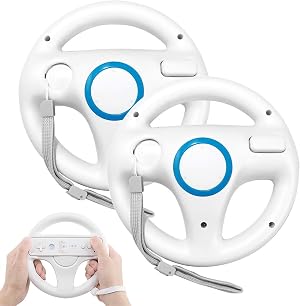 Volante para Nintendo Wii y Wii U, PowerLead 2 pcs Blanc Racing Wheel Compatible con Mario Kart, Rueda del Controlador de Juego para Nintendo Wii Remote Game-Blanco