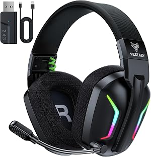 WESEARY WG1 Cascos Gaming Inalambricos, Auriculares Gaming Inalambricos de 2.4G para PS5, PS4, PC, Switch, Sonido Est&eacute;reo Auriculares con Microfono, Cascos PS5 con Luz RGB, Duraci&oacute;n 50Hr+