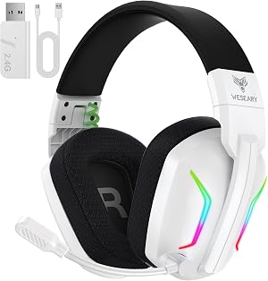 WESEARY WG1 Cascos Gaming Inalambricos, Auriculares Gaming Inalambricos para PS5, PS4, PC, Switch, Sonido Est&eacute;reo Auriculares Gaming con Microfono, Cascos con Luz LED, Duraci&oacute;n 50Hr+