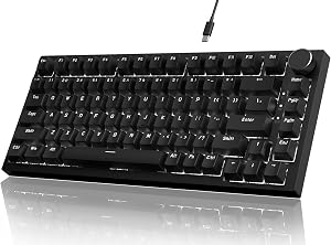 YINDIAO Ajazz AK820 Teclado Mec&aacute;nico con Perilla,Dise&ntilde;o 75% ANSI,82 Teclas,Teclado para Juegos con Cable,5 Espumas Absorbentes de Sonido,Hot-Swap,Interruptor Rojo,Luz Blanca Hielo,para PC,Mac (Negro)