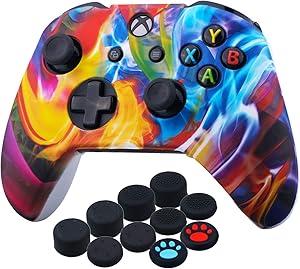YoRHa Impresión Caucho de Silicona Funda Skin Case Carcasas Piel para Xbox One S/X Mando Controller x 1 (Arroyo de Colores) con Agarres para el Pulgar Thumb Grip x 10