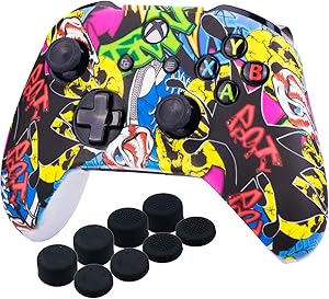 YoRHa Impresión Caucho de Silicona Funda Skin Case Carcasas Piel para Xbox One S/X Mando Controller x 1 (Calavera comica) con Agarres para el Pulgar Thumb Grip Pro x 8
