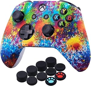 YoRHa Impresión Caucho de Silicona Funda Skin Case Carcasas Piel para Xbox One S/X Mando Controller x 1 (Salpicaduras de Pintura) Con Agarres para el Pulgar Thumb Grip x 10
