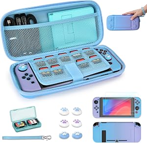 Younik Switch Funda para Switch 2017, 14 en 1 Paquete de Accesorios Para Switch con Estuche de Transporte, Accesorios Protectores Para Switch y J-Con, Estuche Para Tarjetas de Juego, Azul y Violeta